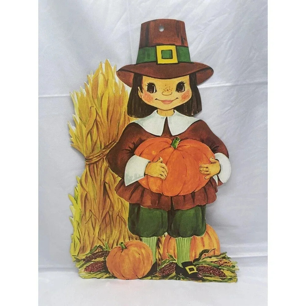 Thanksgiving Paper Wall Decoration 16” Die Cut Pilgrim Pumpkin Harvest 1970